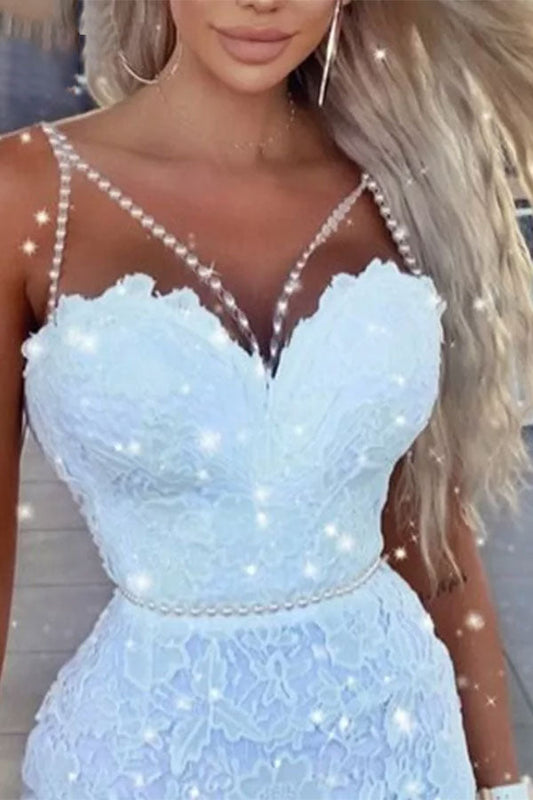 namcoverse Lace Elegant Pearl Strap Mini Dress