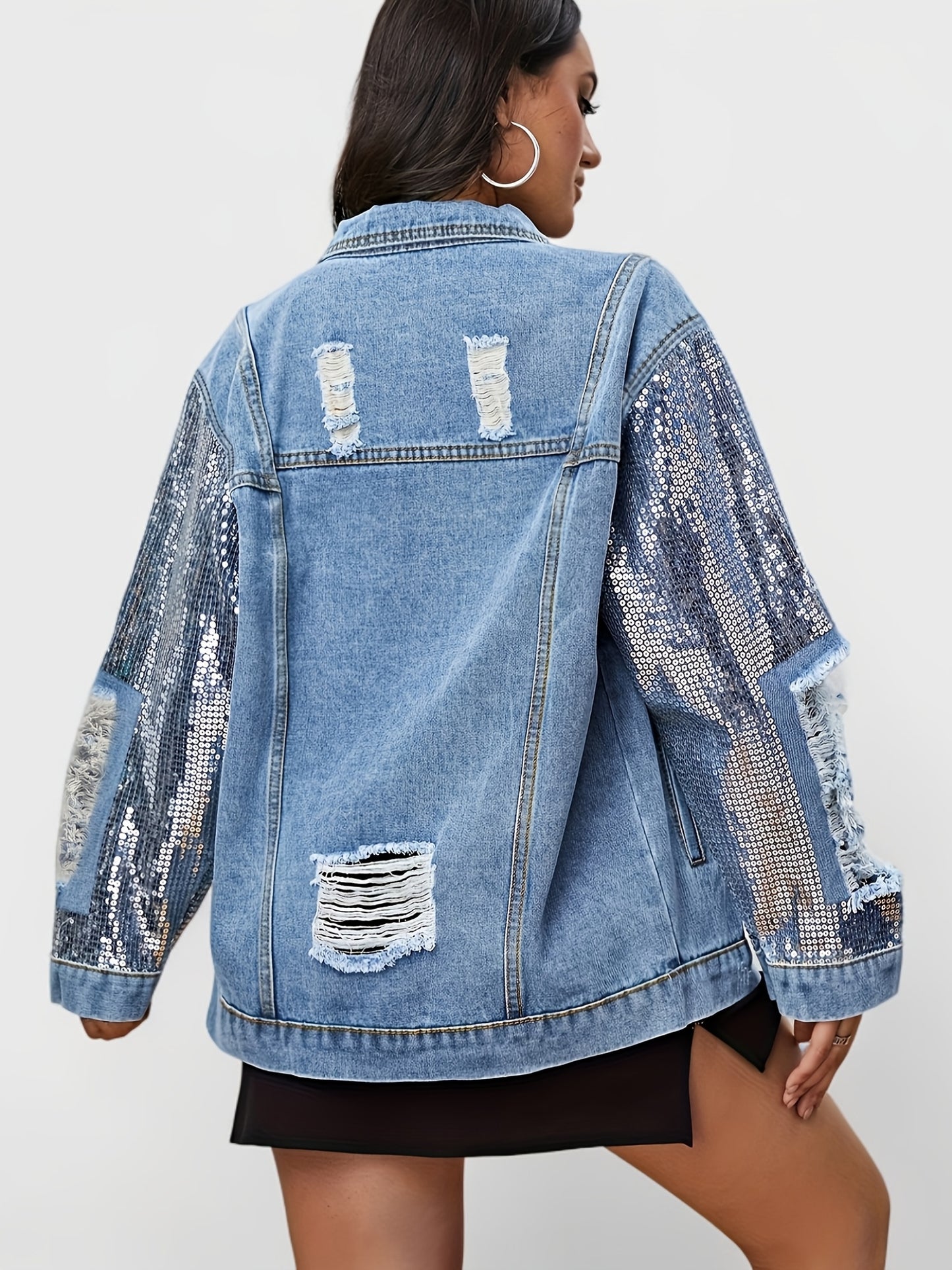 Shimmering Sequin Denim Jacket - Oversized, Ripped & Distressed - Long Sleeve with Flap Pockets - Loose Fit Womens Coat - Ideal for Carnaval Music Festivals