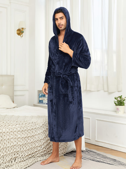 Men's Luxurious Flannel Hooded Bathrobe - Soft, Warm, and Cozy with Long Sleeves, Belt, and Elegant Color - Perfect Nightgown for Autumn and Winter