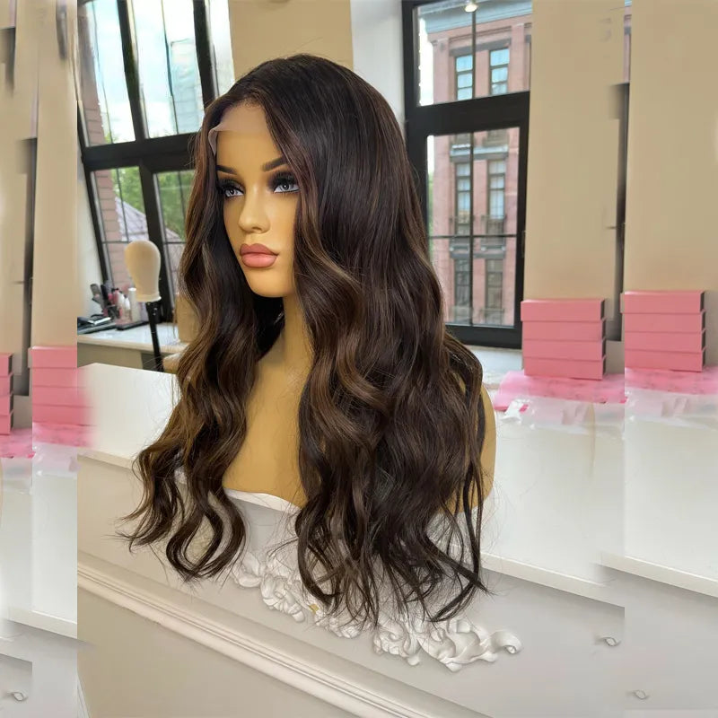 Brazilian Hair Brown Highlight Body Wave Lace Front Wigs 360 Full Lace Frontal Wig 200 Density HD Synthetic Lace Front Wig for Women