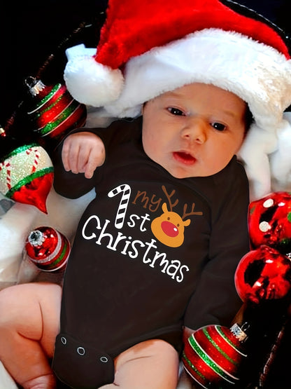 My 1st Christmas" Cute Long-Sleeve Onesie for Boys & Girls - Cozy Polyester, Festive Letter Print, Perfect for Fall/Winter, Perfect for Outdoor