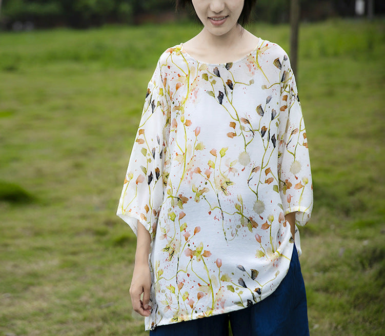 a new design, pastoral style, small fresh pattern silk T-shirt, mulberry silk printed top