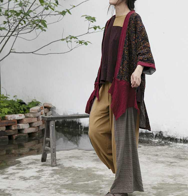 design sense cotton and linen loose casual pants versatile pastoral homestay style patchwork wide-leg straight-leg pants