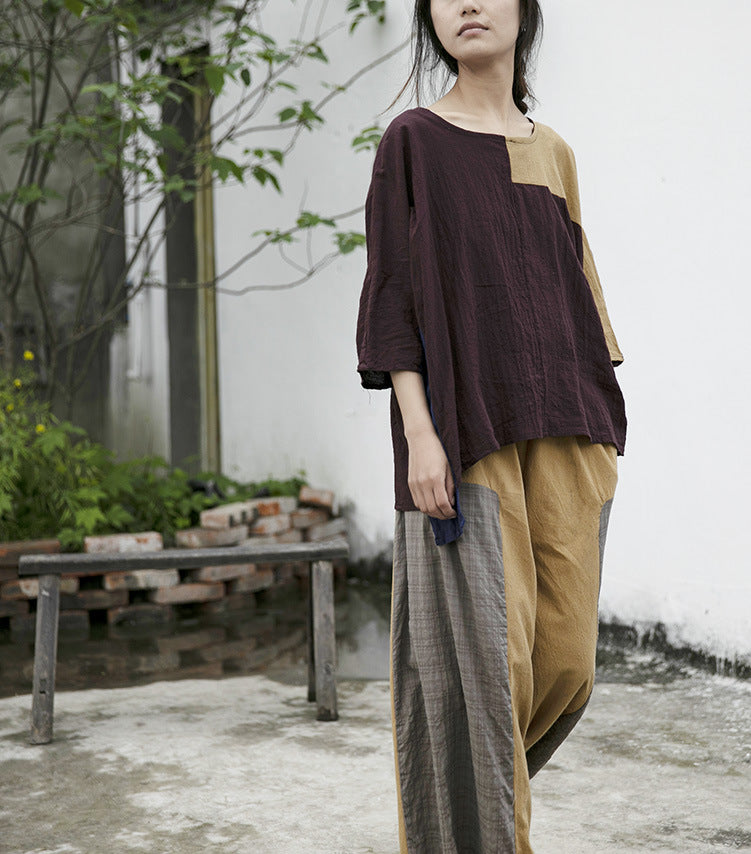 design sense cotton and linen loose casual pants versatile pastoral homestay style patchwork wide-leg straight-leg pants