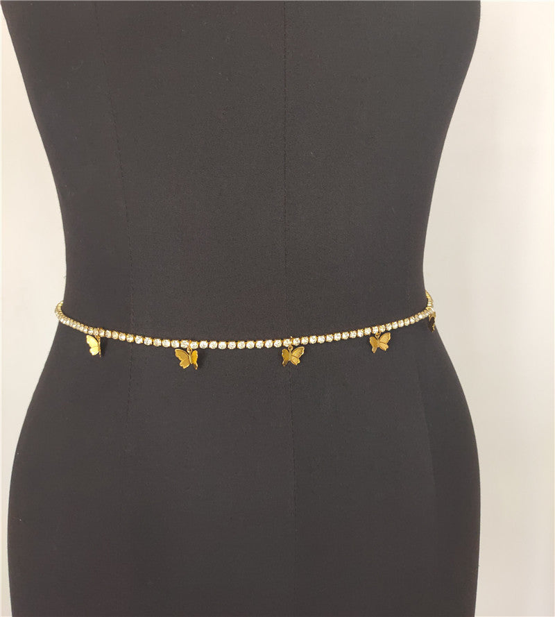 Popular, 2025 2020ins Popular trade New nightclub personalized butterfly pendant rhinestone bright diamond flash diamond waist chain fb1200