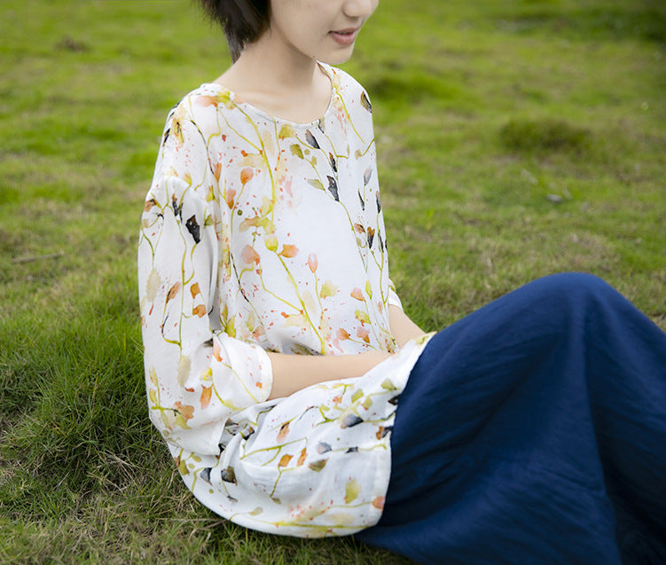a new design, pastoral style, small fresh pattern silk T-shirt, mulberry silk printed top