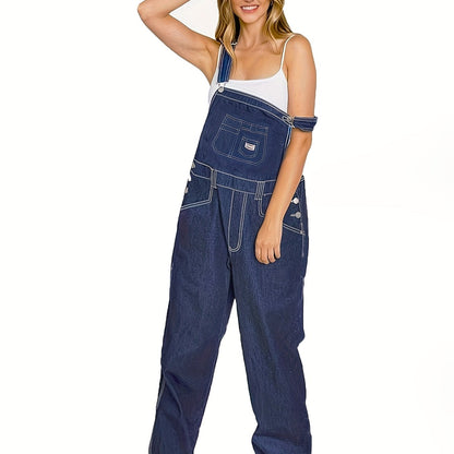 Plain Loose Fit Streetwear Adjustable Strap Contrast Seam Stitching Denim Overalls Dungarees, Women's Denim Jeans & Clothing