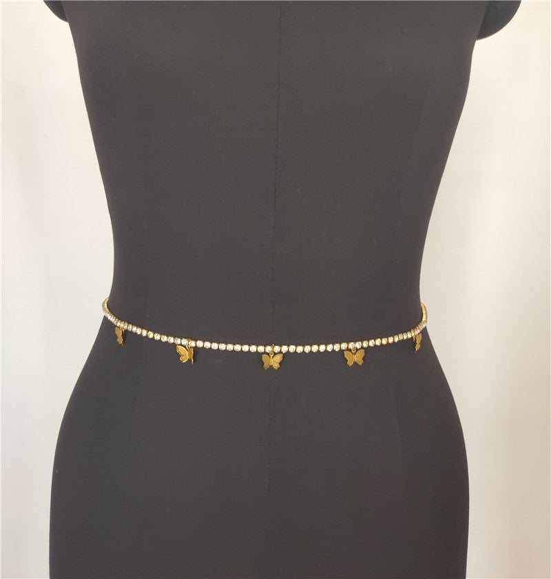 Popular, 2025 2020ins Popular trade New nightclub personalized butterfly pendant rhinestone bright diamond flash diamond waist chain fb1200