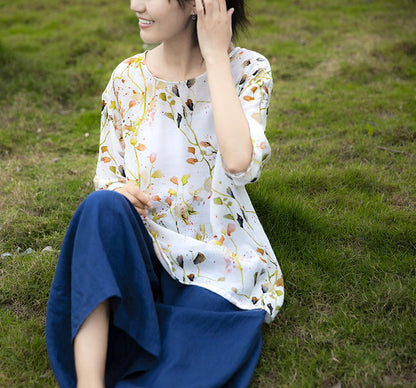 a new design, pastoral style, small fresh pattern silk T-shirt, mulberry silk printed top