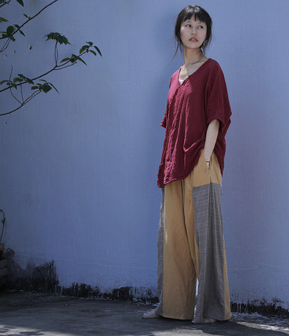 design sense cotton and linen loose casual pants versatile pastoral homestay style patchwork wide-leg straight-leg pants
