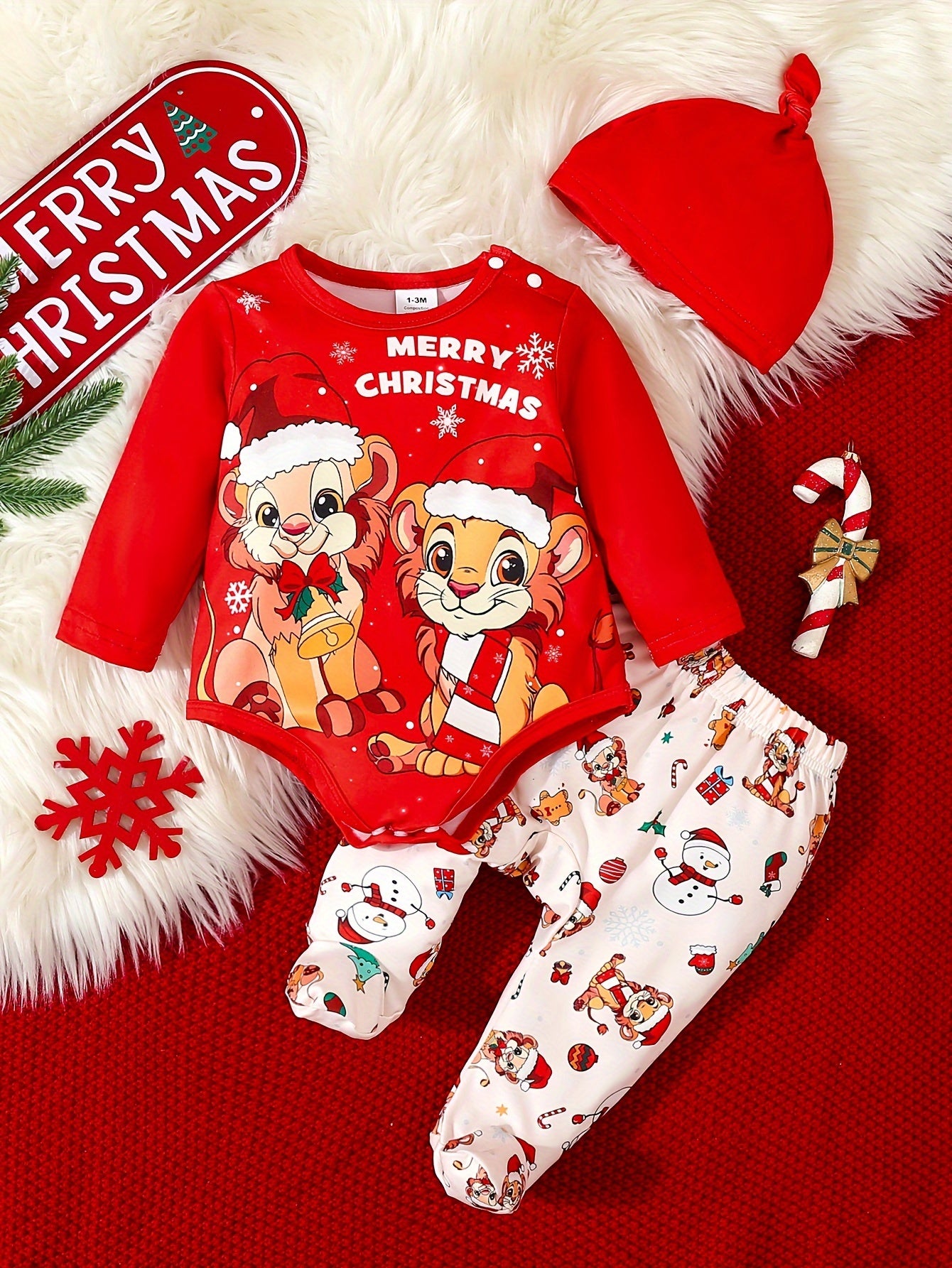 3pcs, MERRY CHRISTMAS Printed Baby Boy's Soft Long Sleeves Jumpsuit + Pants + Hat Set For Everyday & Outdoors, Autumn And Winter Essential, Ideal Gift