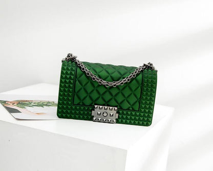 FLOWERSVERSE   New Ladies Fashionable Stylish Decorative Rivets One Shoulder Crossbody Gun Color Chain PVC Gel Bag