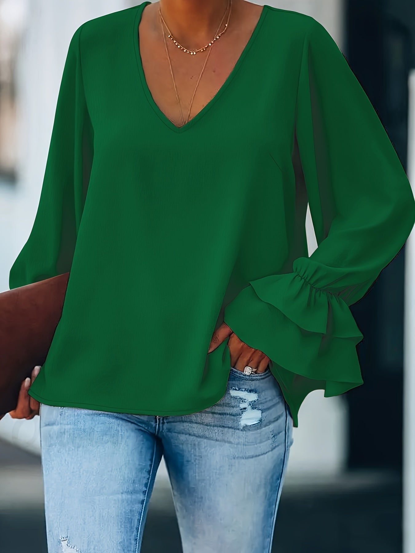 Flirty Ruffle Sleeve Plus Size Blouse - Chic V-Neck, Solid Color for Spring & Summer - Stylish Womens Plus Size Clothing