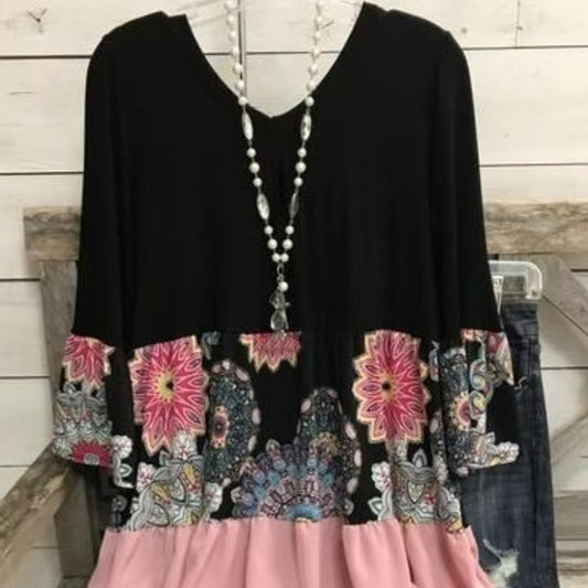 flowersverse Large size Black Crew Neck Casual Printed Knitting Tunic Dress