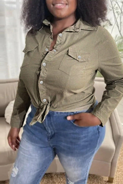 flowersverse flowersverse - Army Green Fashion Casual Solid Patchwork Turndown Collar Long Sleeve Regular Denim Jacket