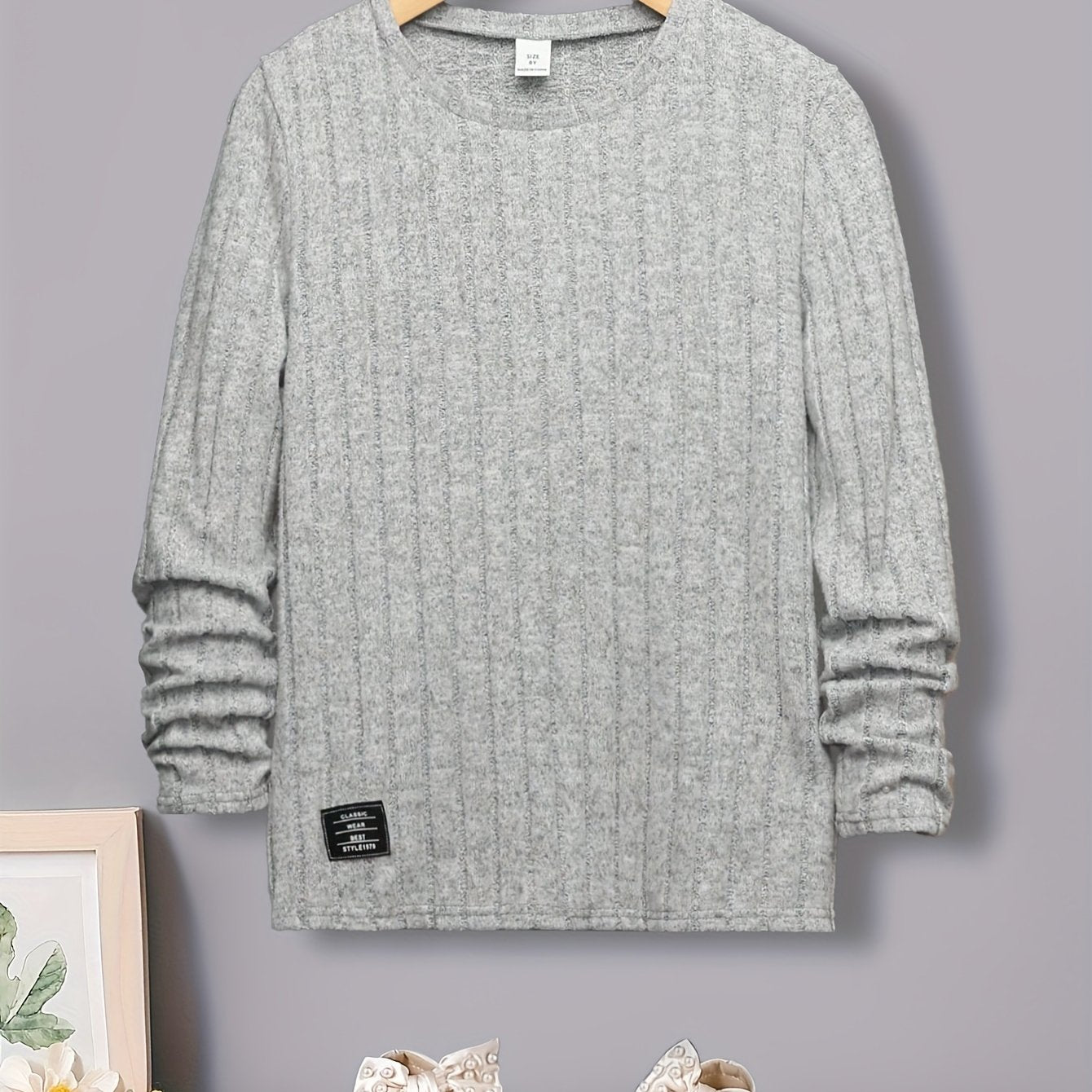 Boys Ribbed Crew Neck Pullover Top - Soft Slight Stretch Polyester, Long Sleeve, Regular Fit, Easy Care - Perfect for Spring, Fall, Winter, and As a Gift