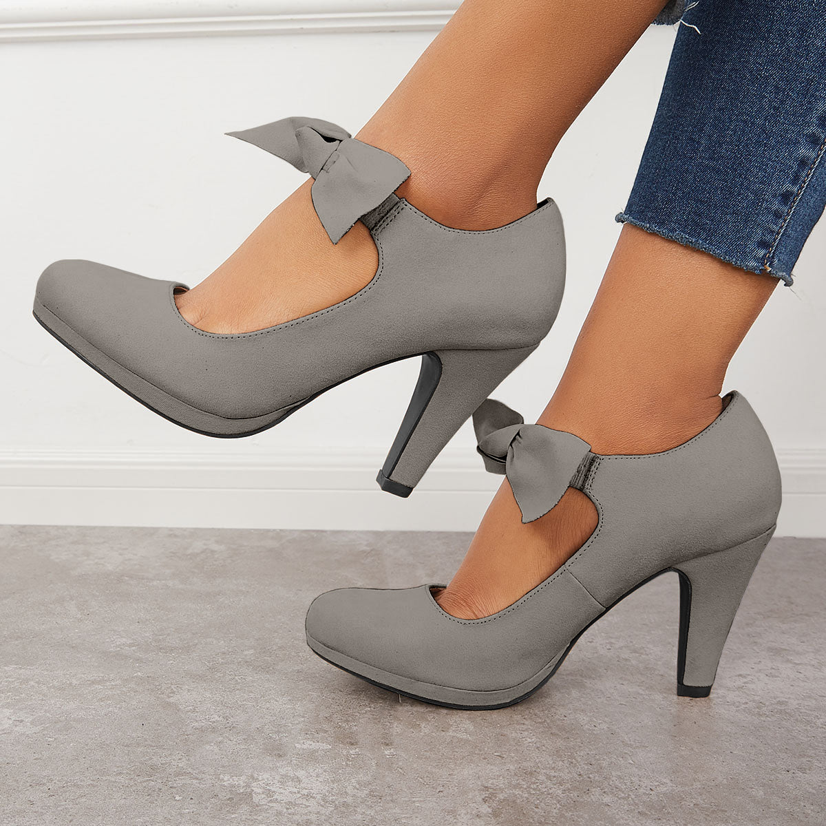 flowersverse - Thick Heel Mary Jane Pumps Bowknot Round Toe Ankle Strap Heels