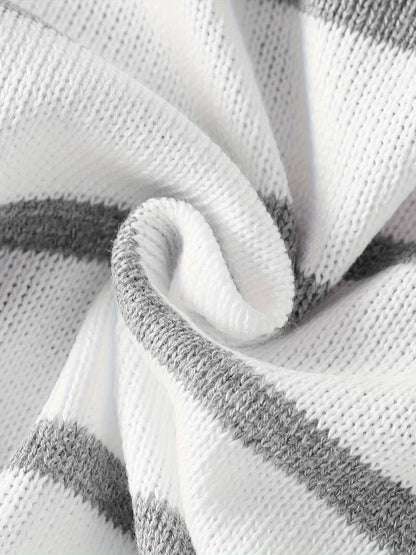 Baby Boys Comfortable & Casual Grey And White Striped Crew Neck Knitted Sweater For Outing Activities