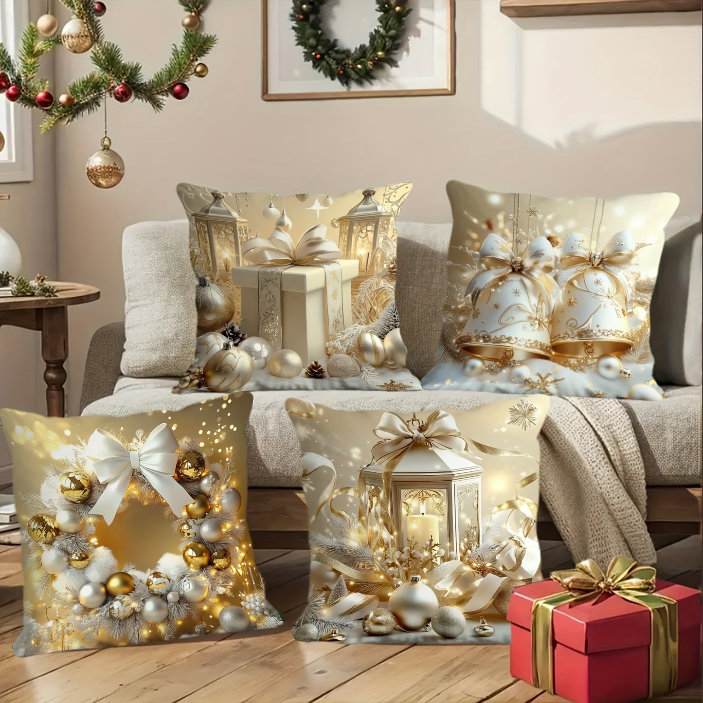 4PCS Christmas Holiday Decorative Throw Pillow Covers, Velvet Printed Swan Design, Luxury Golden Comfort Soft Cushion Cases, Festive Single-Sided Print, Zippered, Machine Washable for Living Room, Bedroom, Sofa – 100% Polyester