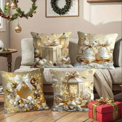 4PCS Christmas Holiday Decorative Throw Pillow Covers, Velvet Printed Swan Design, Luxury Golden Comfort Soft Cushion Cases, Festive Single-Sided Print, Zippered, Machine Washable for Living Room, Bedroom, Sofa – 100% Polyester