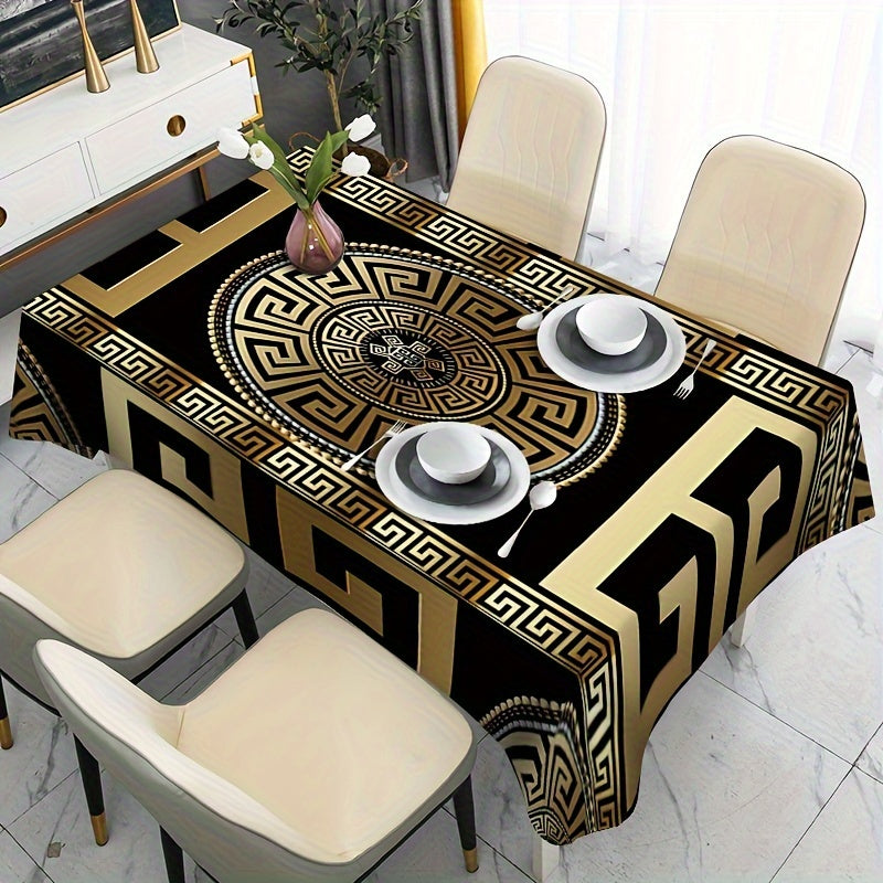 Luxury Black & Golden Geometric Print Tablecloth - Waterproof, Machine Washable, Non-Slip Rectangle Cover for Dining & Home Decor, Available in 35"x55" and 55"x78" Sizes