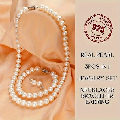 Pearl Jewelry Set - Chains Necklace with Stunning Pearl Bracelet and Stud Earrings for Women - Freshwater Cultured Pearl, Elegant, Luxurious, and Classic Accessory