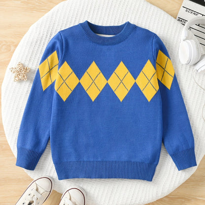 Boys' Classic Argyle Knit Pullover Sweater - Casual Crew Neck, Long Sleeve, Viscose Blend, Medium Stretch, Regular Fit for School Year-Round Wear