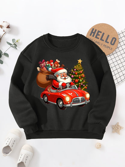 Boys' Cozy Fleece-Lined Christmas Sweatshirt with Santa & Car Print - Casual Long Sleeve Pullover for Fall/Winter