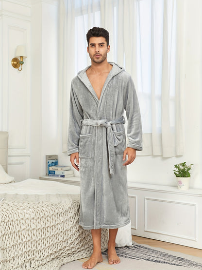 Men's Luxurious Flannel Hooded Bathrobe - Soft, Warm, and Cozy with Long Sleeves, Belt, and Elegant Color - Perfect Nightgown for Autumn and Winter