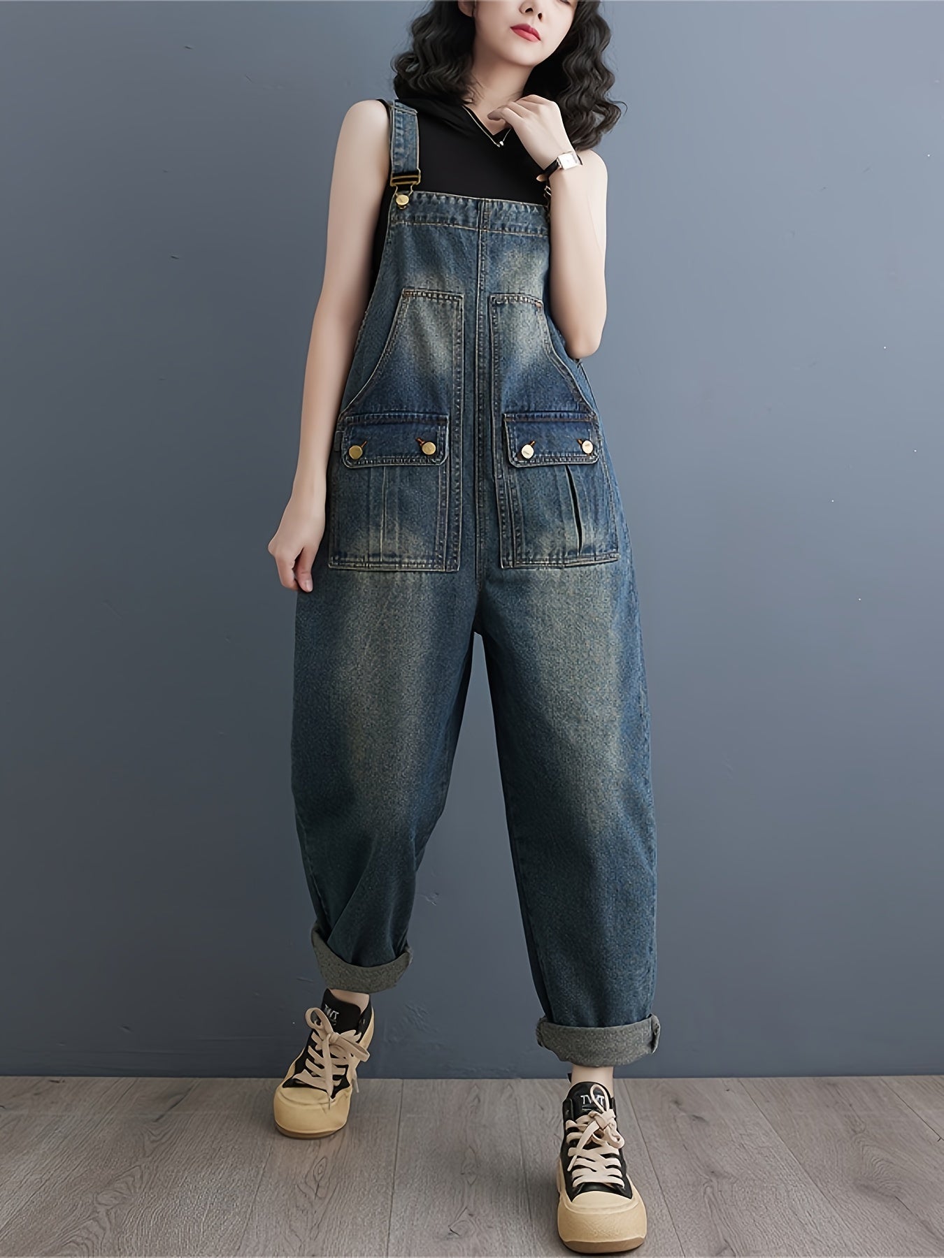 Women's Casual Distressed Denim Overalls, Loose Fit Adjustable Denim Jumpsuit With Pockets