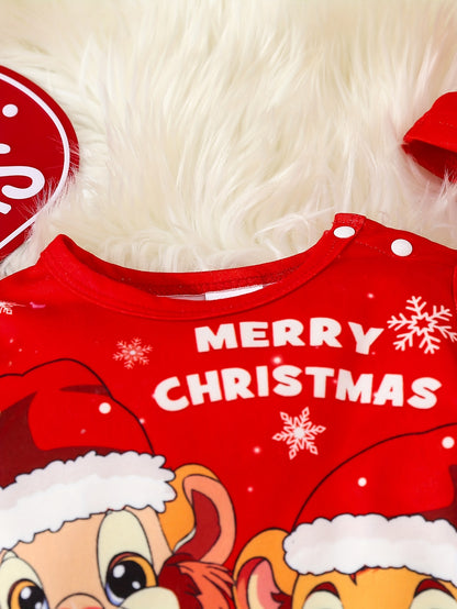 3pcs, MERRY CHRISTMAS Printed Baby Boy's Soft Long Sleeves Jumpsuit + Pants + Hat Set For Everyday & Outdoors, Autumn And Winter Essential, Ideal Gift