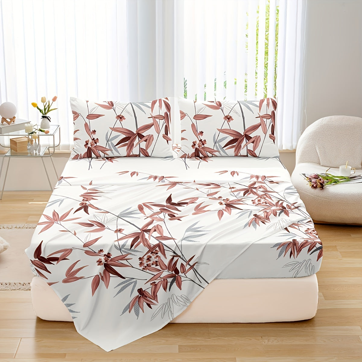 4pcs Luxurious Bamboo Leaf Print Fitted Sheet Set - Soft, Breathable, Comfortable, Hypoallergenic Bedding for Bedroom, Guest Room - 1 Flat Sheet, 1 Fitted Sheet, 2 Pillowcases, No Core Included, Easy Care, Wrinkle-Resistant, and Fade-Proof