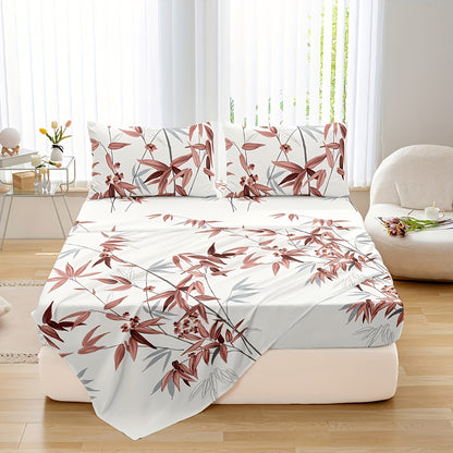 4pcs Luxurious Bamboo Leaf Print Fitted Sheet Set - Soft, Breathable, Comfortable, Hypoallergenic Bedding for Bedroom, Guest Room - 1 Flat Sheet, 1 Fitted Sheet, 2 Pillowcases, No Core Included, Easy Care, Wrinkle-Resistant, and Fade-Proof