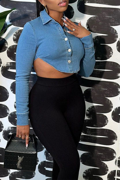 flowersverse flowersverse - Blue Sexy Solid Backless Turndown Collar Long Sleeve Skinny Denim Jacket