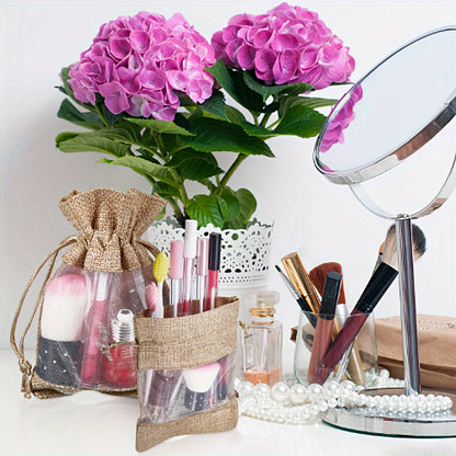 20pcs Transparent Window Gift Bag, Burlap Organza Splicing Drawstring Bag, Party Favor Supplies, Christmas & New Year Gift Wrapping And Storage Supplies