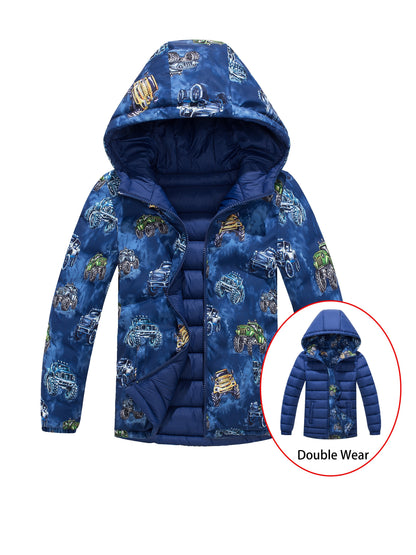 Ultra-Soft Dino Thrill Reversible Quilted Jacket - Insulated Zip Up Hooded Coat for Little Adventurers - Perfect Warm Winter Wear & Gift Idea for Boys