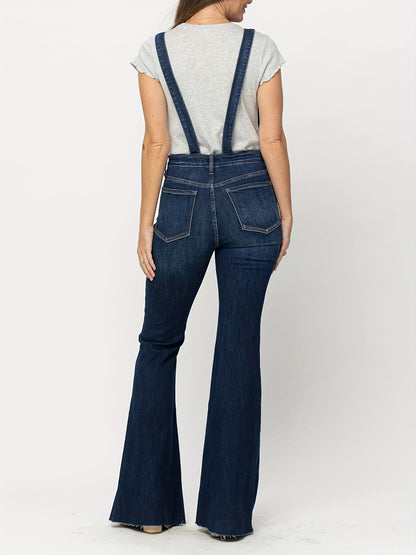All-Season Versatile Denim Overalls with Stretch, Adjustable Straps & Easy-Care, Chic Button Front & Raw Hem, Women’s Casual Essential
