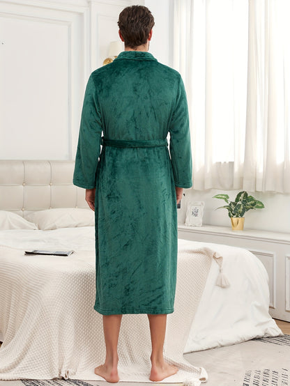 Bathrobe For Men Autumn And Winter Flannel Robe Warm Long Solid Color Lapel Double Pockets Fleece Nightwear