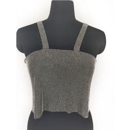 2025 New nightclubs bronzing hot silver sequins metal sling vest metal buckle short top outer wear women's BY0040