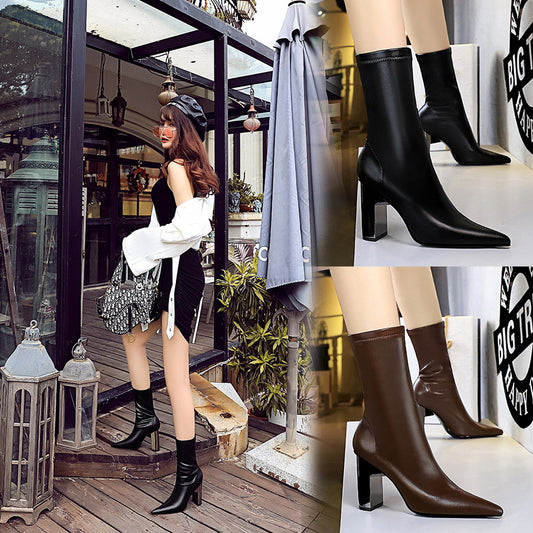 FLOWERSVERSE 2025 3228-12  style fashion thin boots metal thick heel high heel pointed sexy nightclub thin winter short boots