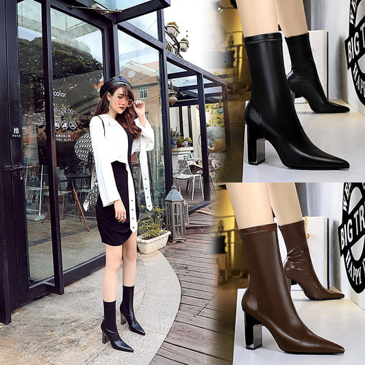 FLOWERSVERSE 2025 3228-12  style fashion thin boots metal thick heel high heel pointed sexy nightclub thin winter short boots