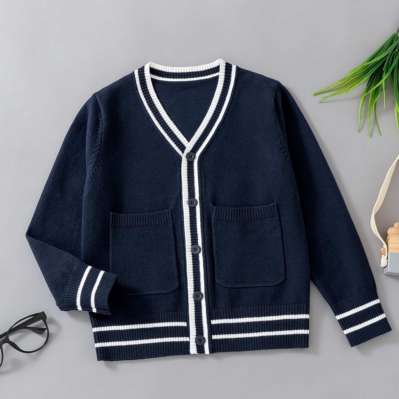 Boys Casual Preppy Style Uniform Knit Cardigan Sweater, Long Sleeve Tops, Boys Clothing Outdoor
