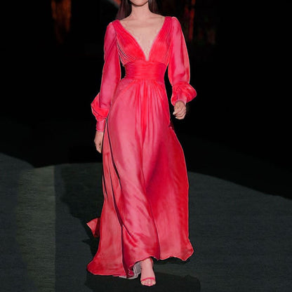 Popular trade autumn and winter new women's clothing fashion  sexy temperament deep V-neck solid color dress dress