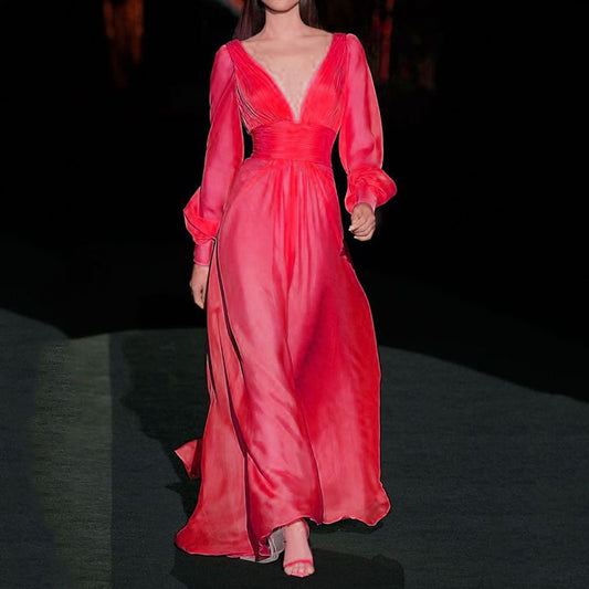 Popular trade autumn and winter new women's clothing fashion  sexy temperament deep V-neck solid color dress dress