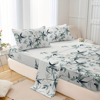4pcs Luxurious Bamboo Leaf Print Fitted Sheet Set - Soft, Breathable, Comfortable, Hypoallergenic Bedding for Bedroom, Guest Room - 1 Flat Sheet, 1 Fitted Sheet, 2 Pillowcases, No Core Included, Easy Care, Wrinkle-Resistant, and Fade-Proof
