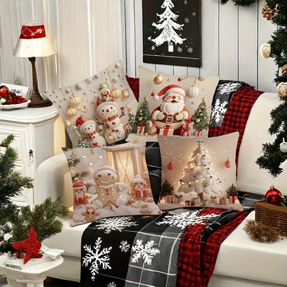 Christmas Holiday Throw Pillow Covers Set of 4, Contemporary Zippered Polyester Cushion Cases, Machine Washable, for Living Room and Bedroom - Festive Santa, Snowman, Gingerbread, Christmas Tree Print, 17.72x17.72 Inches