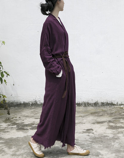 spring and autumn cotton and linen retro rough edge heavy linen cardigan purple literary travel long coat