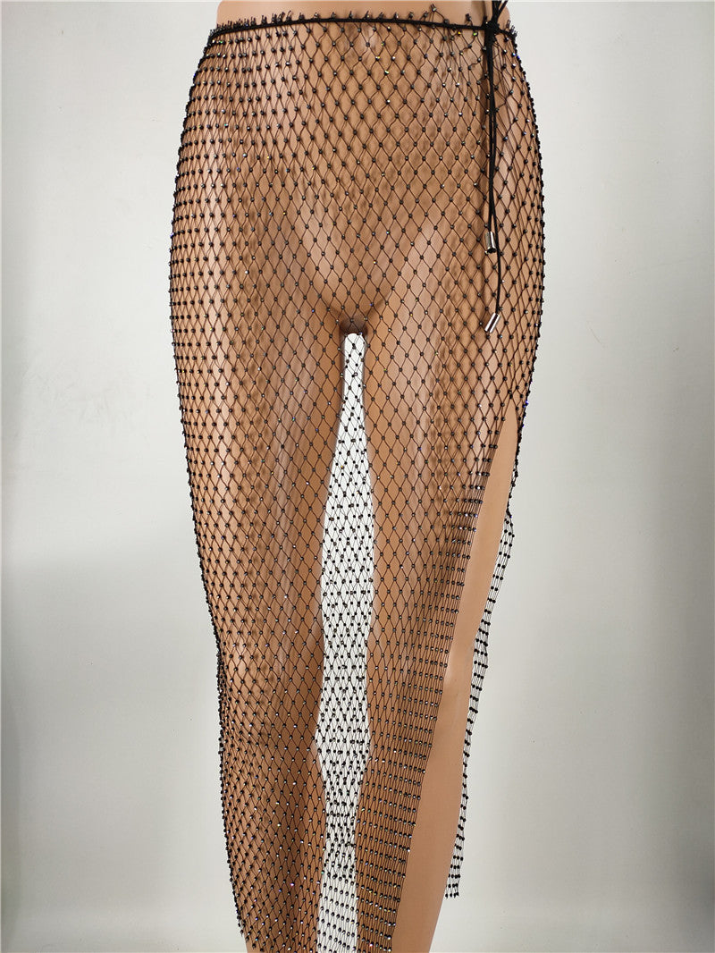 2025 skirt nightclub fishing net drill hollow rhinestone diamond flash diamond net skirt split skirt fb1504