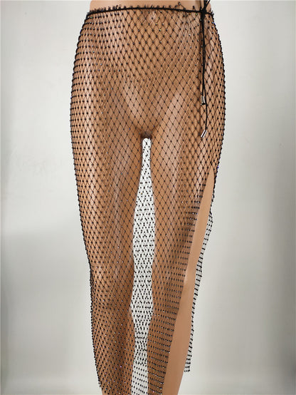 2025 skirt nightclub fishing net drill hollow rhinestone diamond flash diamond net skirt split skirt fb1504