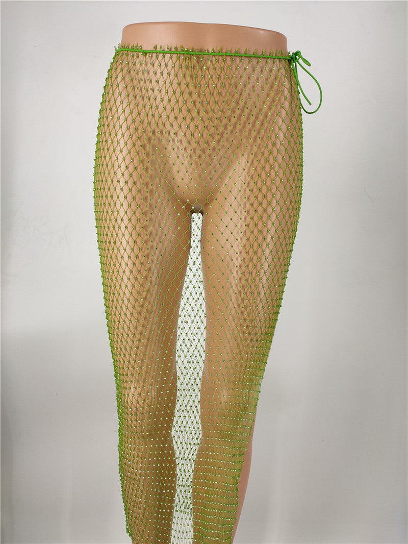 2025 skirt nightclub fishing net drill hollow rhinestone diamond flash diamond net skirt split skirt fb1504